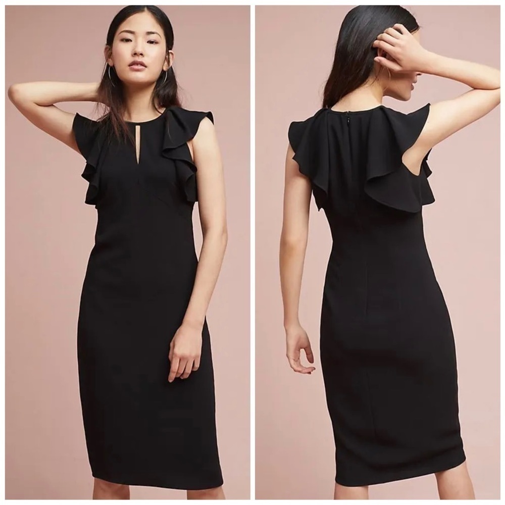 SHOSHANNA Preppy Career Flutter Sleeve Black Darwin Column Dress 2P Cocktail